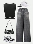 Conjunto Streecool Kids de 2 piezas, estilo urbano informal para adolescentes, con estampado de grafiti, efecto vaquero, pantalones anchos y chaleco de punto cruzado, conjunto básico.