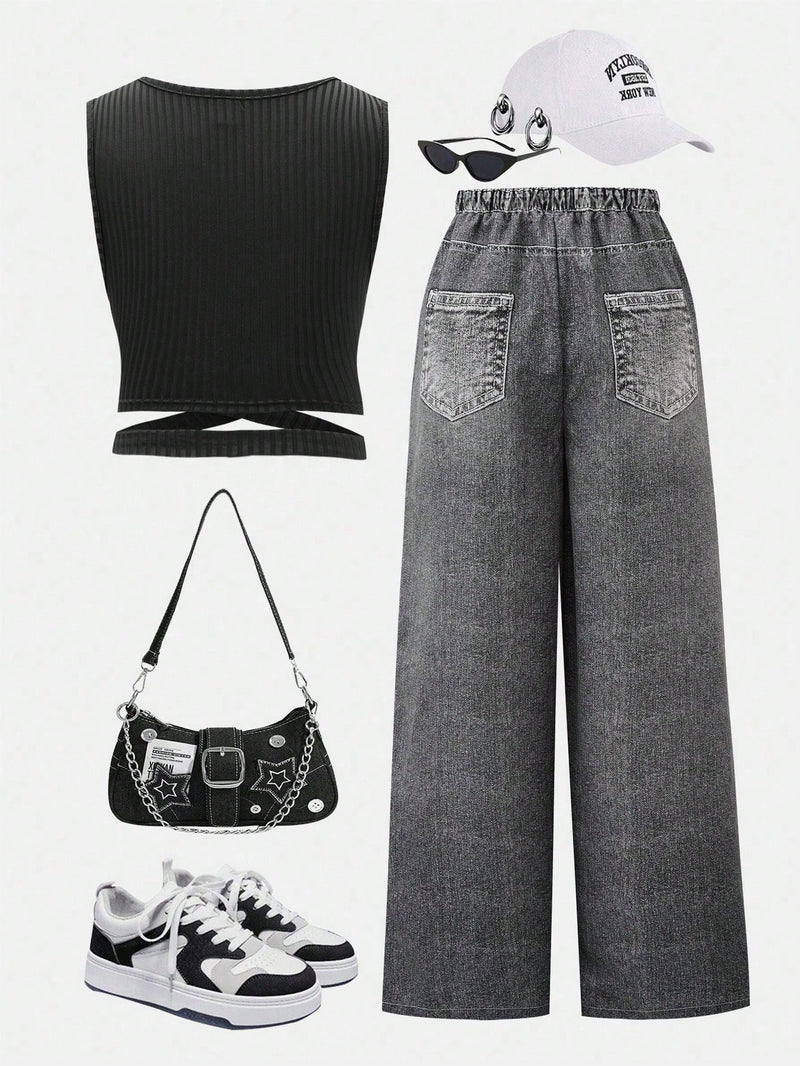 Conjunto Streecool Kids de 2 piezas, estilo urbano informal para adolescentes, con estampado de grafiti, efecto vaquero, pantalones anchos y chaleco de punto cruzado, conjunto básico.