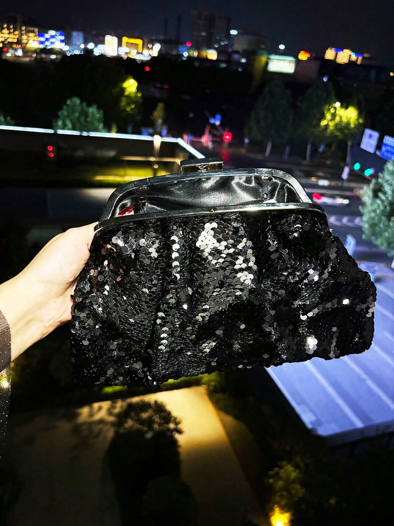 Bolsa Clutch com Glitter – Brilho Reversível Preto & Prata para Eventos Noturnos