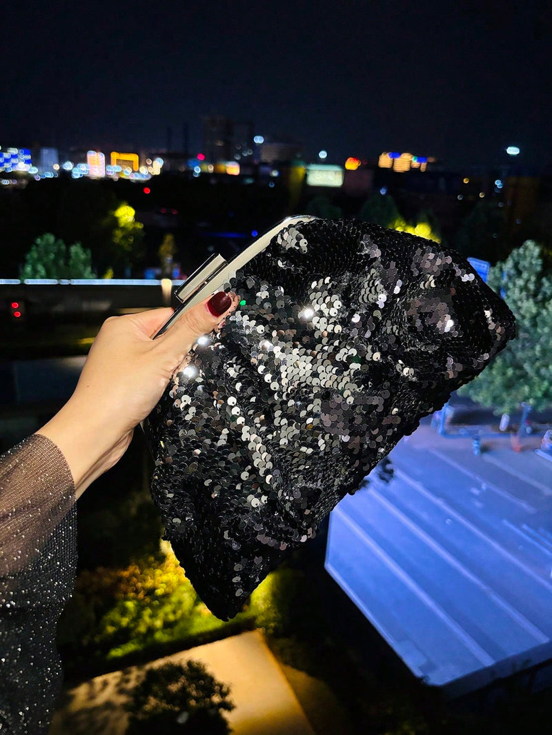 Bolsa Clutch com Glitter – Brilho Reversível Preto & Prata para Eventos Noturnos