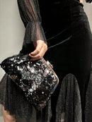 Metallic Glitter and Sequins High Capacity Clutch Bag, Black and Silver Reversible Sparkly Party Purse