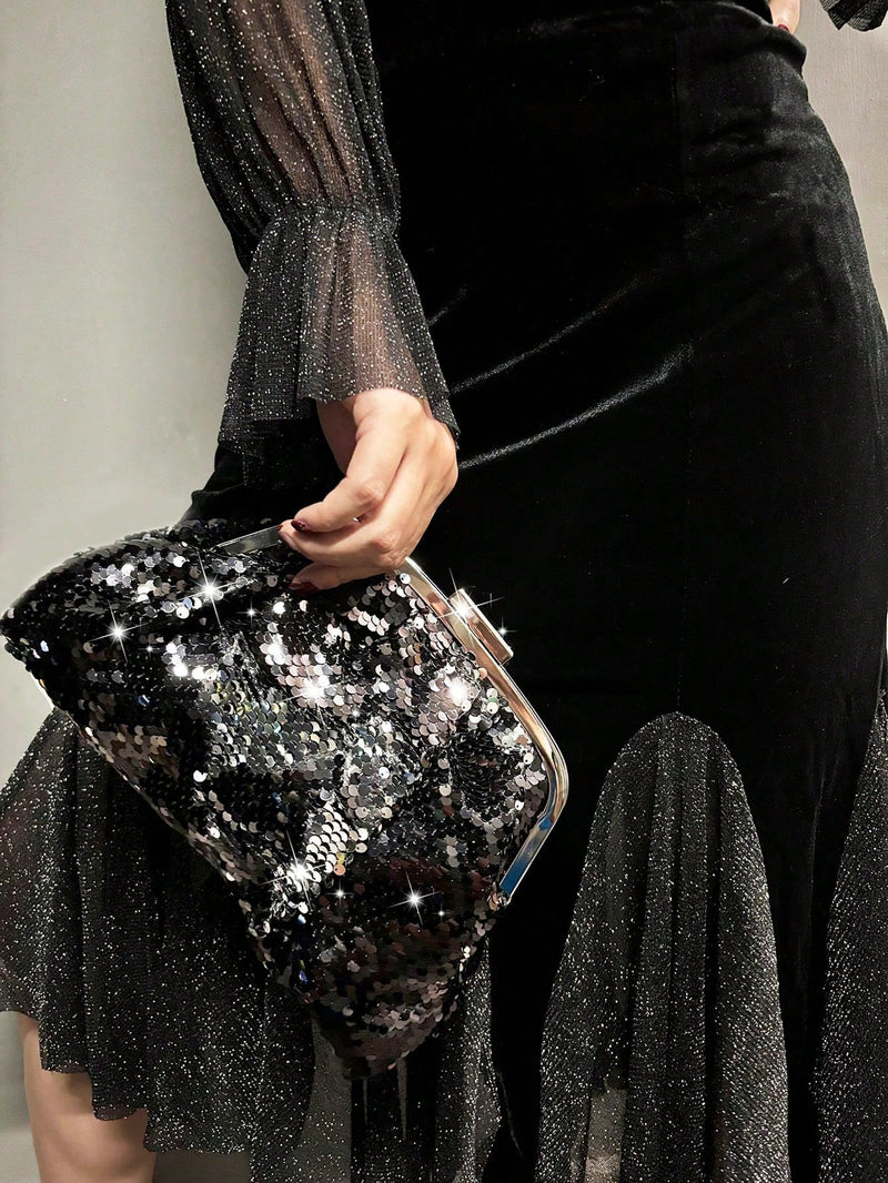 Bolsa Clutch com Glitter – Brilho Reversível Preto & Prata para Eventos Noturnos