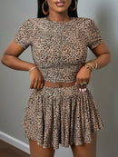Slaydiva New Spring and Summer Women's Two-Piece Set, Casual Basic Sport Style, Double-Side Ruched Short Sleeve Round Neck Crop Top + Mid-Length Knitted Leopard Print Bell-Length Skirt with Short Swing