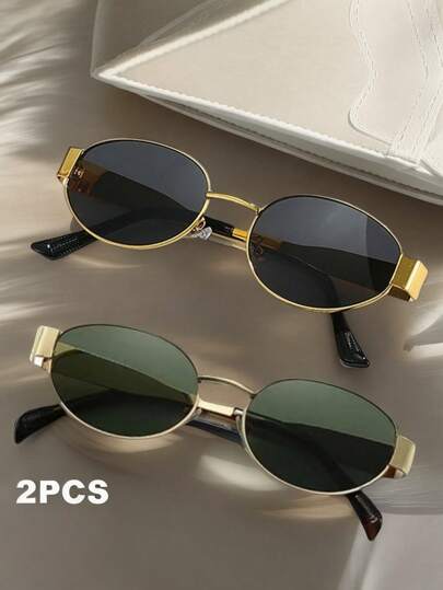 2 gafas de moda para mujer con montura metálica ovalada, ideales para uso diario y actividades al aire libre.