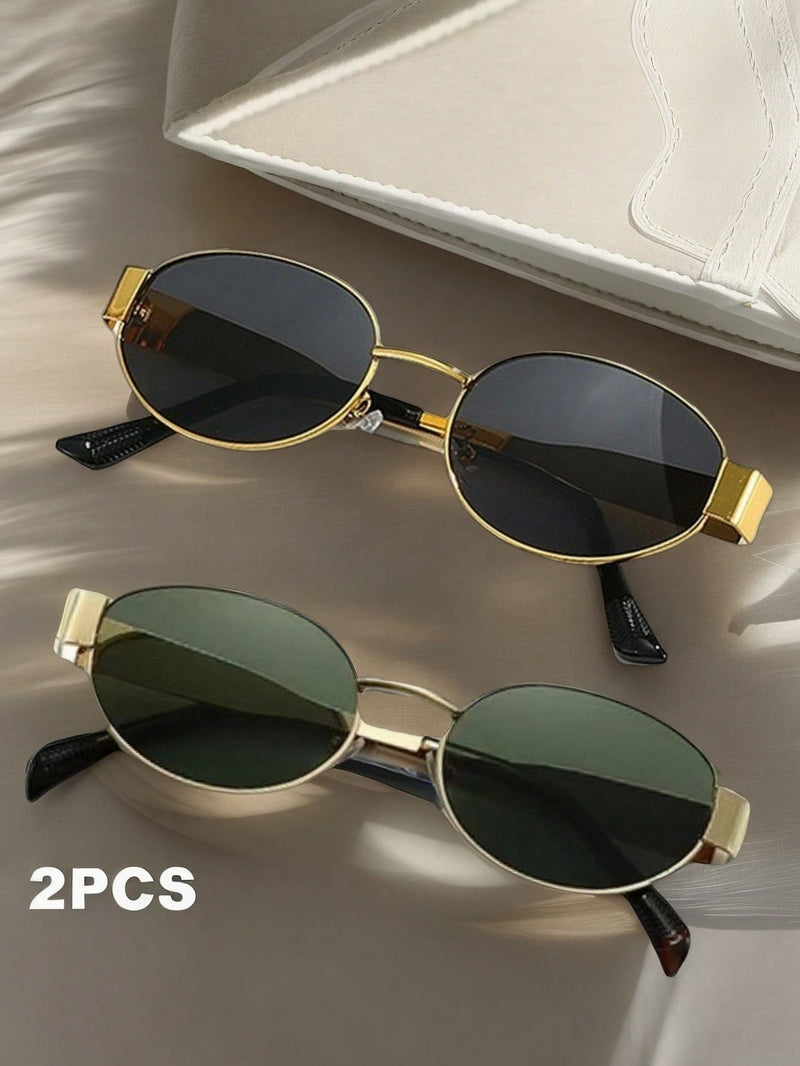 2 gafas de moda para mujer con montura metálica ovalada, ideales para uso diario y actividades al aire libre.