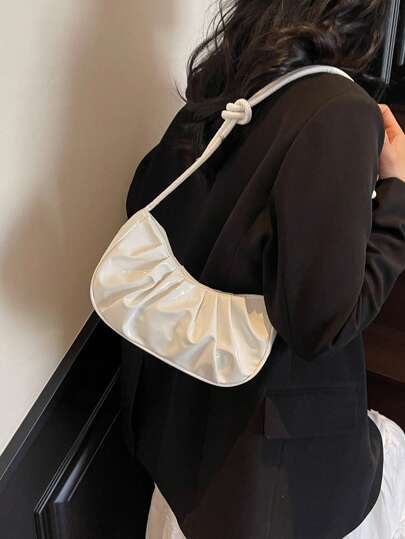 Bolso de hombro de PU con forma de nube, plisado, color liso y acabado brillante, sencillo y elegante, moderno, tipo media luna para mujer.