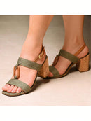 Sandalia de tacón cuadrado de lino verde militar