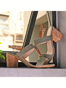 Sandalia de tacón cuadrado de lino verde militar