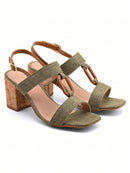 Sandalia de tacón cuadrado de lino verde militar