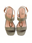 Sandalia de tacón cuadrado de lino verde militar