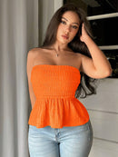 SHEIN Privé Women's blouse featuring beaded detailing, strapless design, umbrella hem, textured fabric and ruffles for a chic look