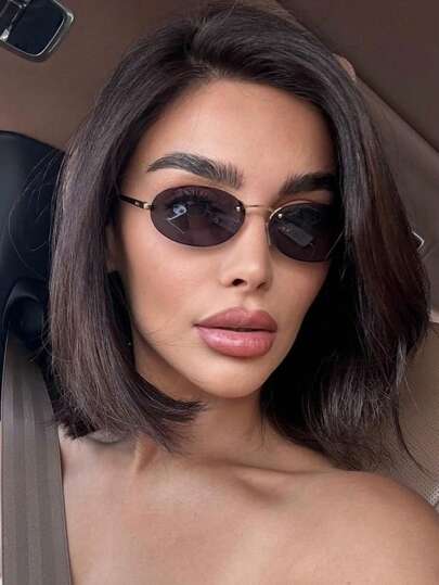 1 par de gafas graduadas con montura de metal ovalada, pequeñas y sin montura, estilo moderno, color champán, adecuadas para uso diario de mujer.