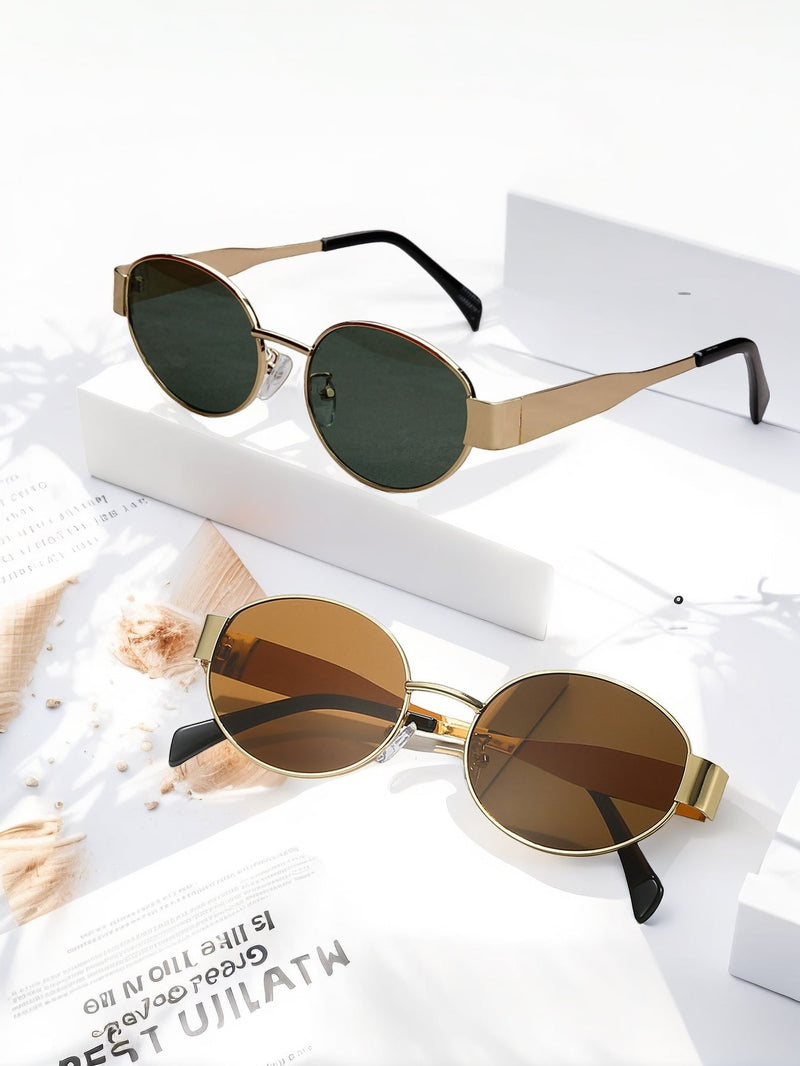 2 gafas de moda para mujer con montura metálica ovalada, ideales para uso diario y actividades al aire libre.