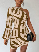 Vestido Casual com Manga Bufante e Estampa Geométrica