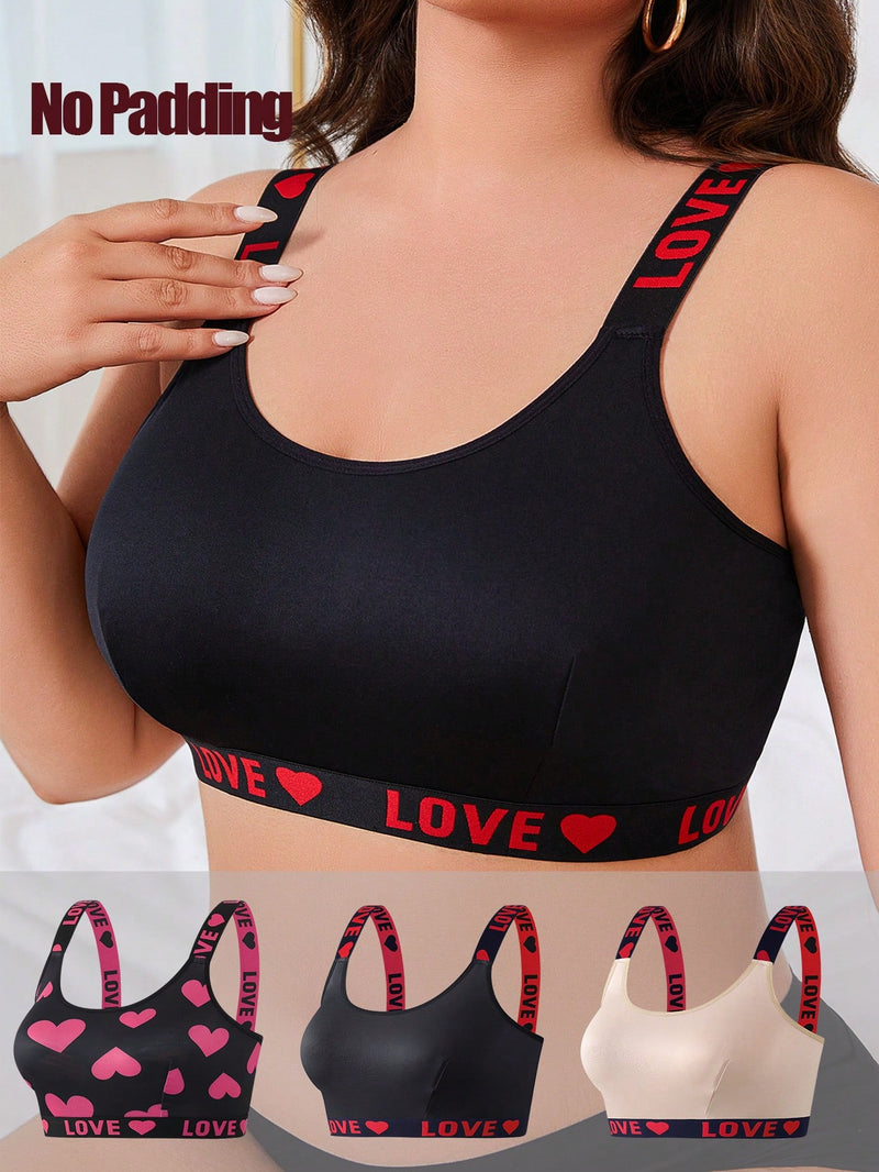 Conjunto de 3 sujetadores sin aros de talla grande para mujer con estampado de corazones y letras