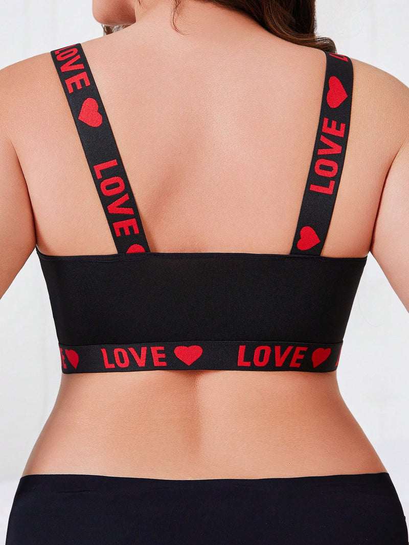 Conjunto de 3 sujetadores sin aros de talla grande para mujer con estampado de corazones y letras