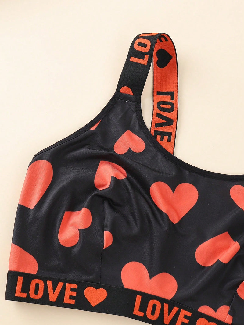 Conjunto de 3 sujetadores sin aros de talla grande para mujer con estampado de corazones y letras