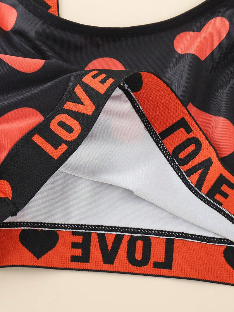 Conjunto de 3 sujetadores sin aros de talla grande para mujer con estampado de corazones y letras