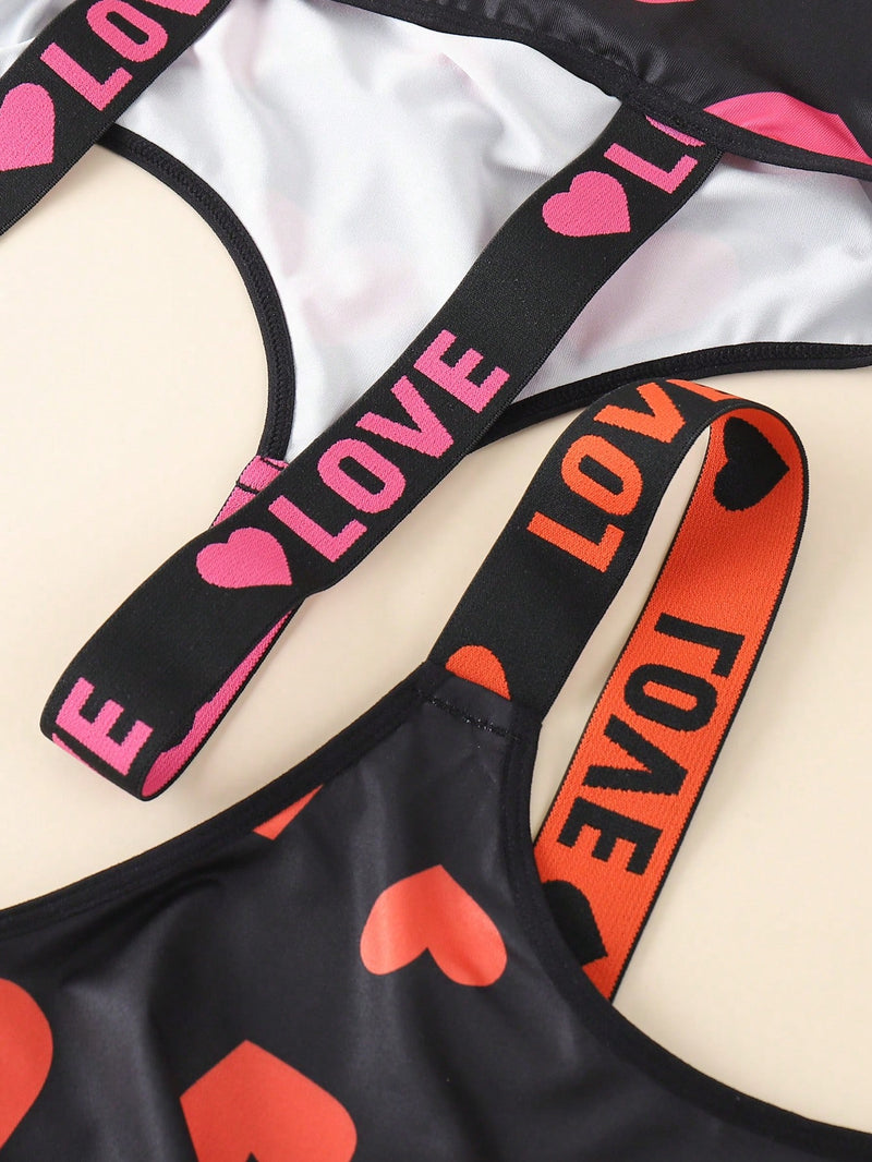 Conjunto de 3 sujetadores sin aros de talla grande para mujer con estampado de corazones y letras