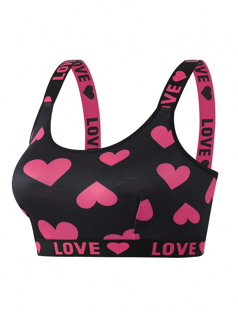 Conjunto de 3 sujetadores sin aros de talla grande para mujer con estampado de corazones y letras
