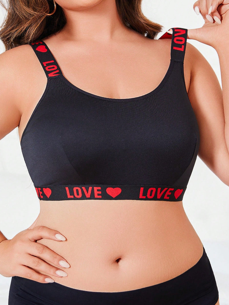 Conjunto de 3 sujetadores sin aros de talla grande para mujer con estampado de corazones y letras