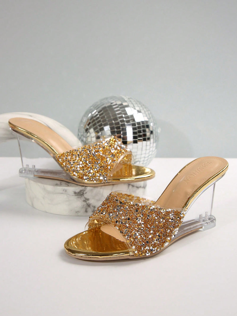 Sandalias de cuña de verano para mujer, tacones de cristal transparente, tacones de aguja de lujo para noche, hermosas sandalias de cuña con decoración de diamantes de imitación y brillo, sandalias a juego de moda.