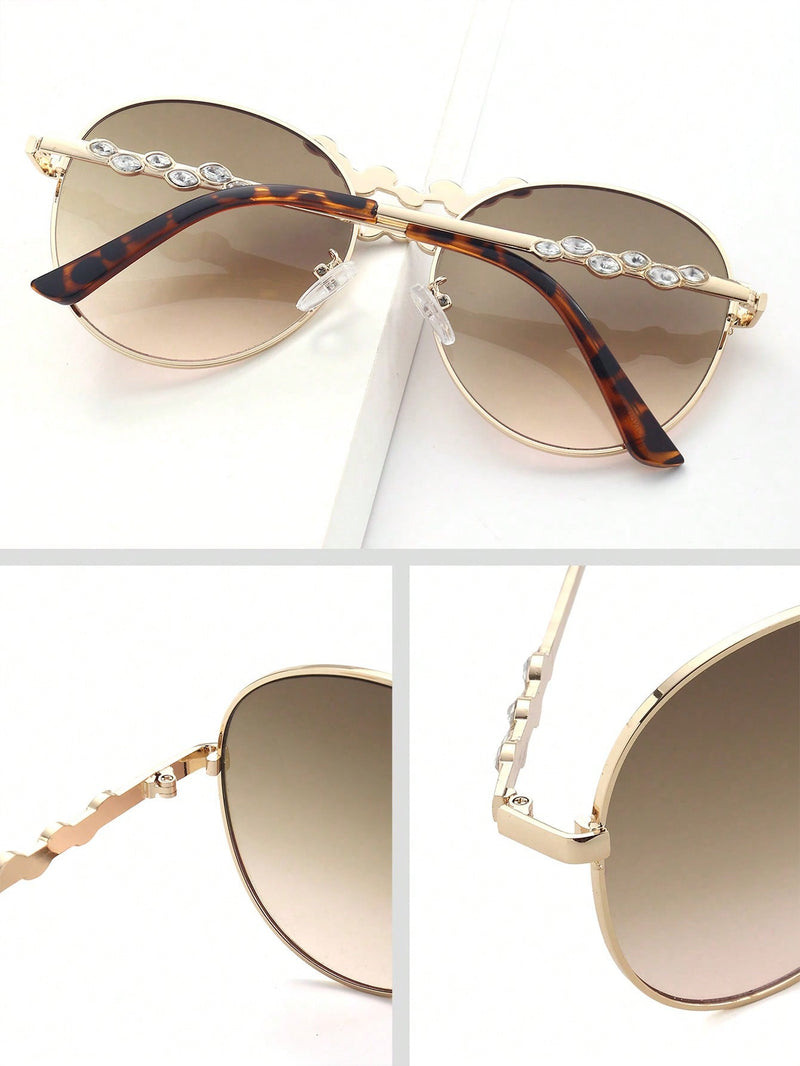 Gafas graduadas de moda, exquisitas, lujosas, elegantes, estéticas, perfectas, con montura redonda de metal y decoración de diamantes de imitación. Accesorio de moda para mujer: looks de vacaciones, estilo urbano, bodas y salidas.