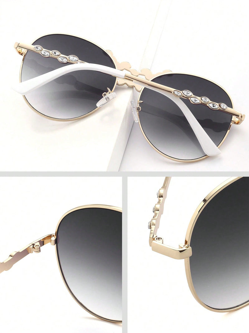 Gafas graduadas de moda, exquisitas, lujosas, elegantes, estéticas, perfectas, con montura redonda de metal y decoración de diamantes de imitación. Accesorio de moda para mujer: looks de vacaciones, estilo urbano, bodas y salidas.