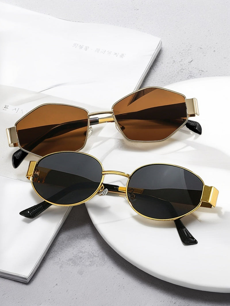 2 gafas de moda para mujer con montura metálica ovalada, ideales para uso diario y actividades al aire libre.