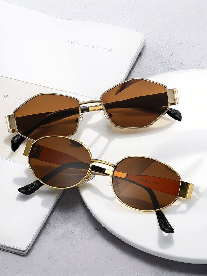 2 gafas de moda para mujer con montura metálica ovalada, ideales para uso diario y actividades al aire libre.