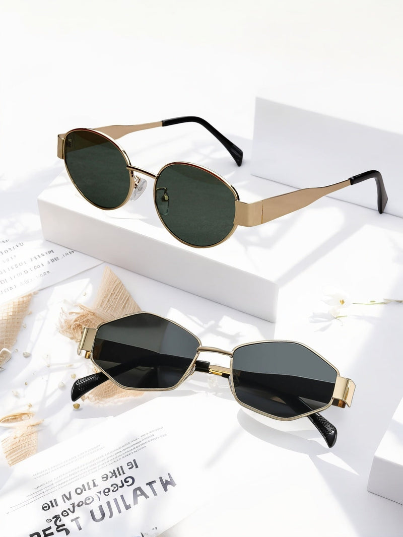 2 gafas de moda para mujer con montura metálica ovalada, ideales para uso diario y actividades al aire libre.
