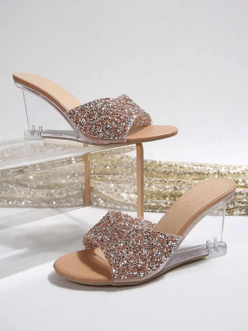Sandalias de cuña de verano para mujer, tacones de cristal transparente, tacones de aguja de lujo para noche, hermosas sandalias de cuña con decoración de diamantes de imitación y brillo, sandalias a juego de moda.