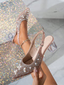 Zapatos Mary Jane de punta puntiaguda para mujer, tacón de cristal, color rosa con abertura y tacón alto.