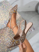 Zapatos Mary Jane de punta puntiaguda para mujer, tacón de cristal, color rosa con abertura y tacón alto.