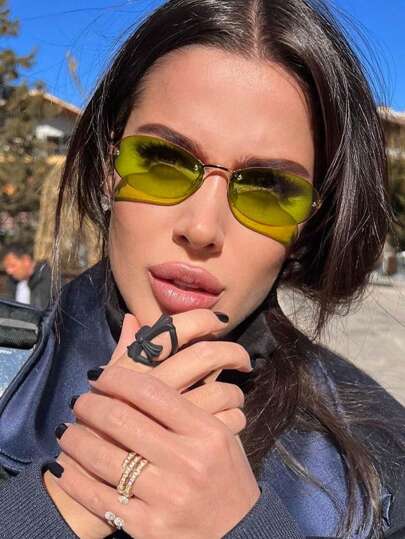 1 par de gafas graduadas con montura de metal ovalada, pequeñas y sin montura, estilo moderno, color champán, adecuadas para uso diario de mujer.