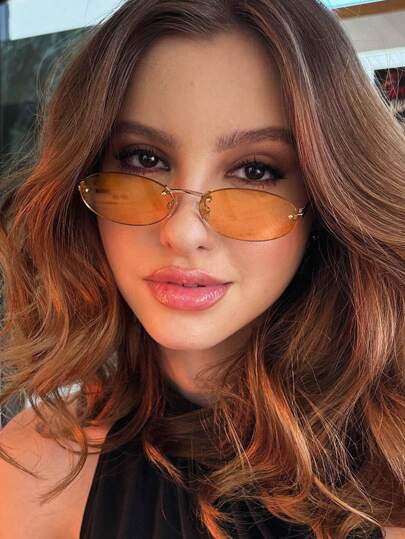 1 par de gafas graduadas con montura de metal ovalada, pequeñas y sin montura, estilo moderno, color champán, adecuadas para uso diario de mujer.