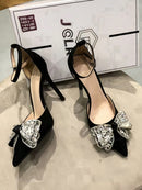 Women's Pointed Toe High Heel Shoes with Crystal Bow and Single Strap, Sexy Formal Sandal, Black
