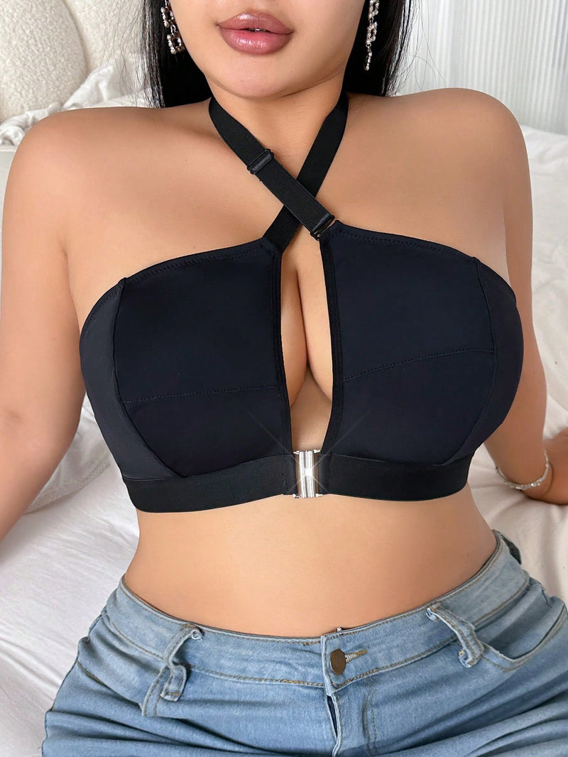 Sujetador sin aros con cuello halter y cierre frontal de talla grande de SHEIN