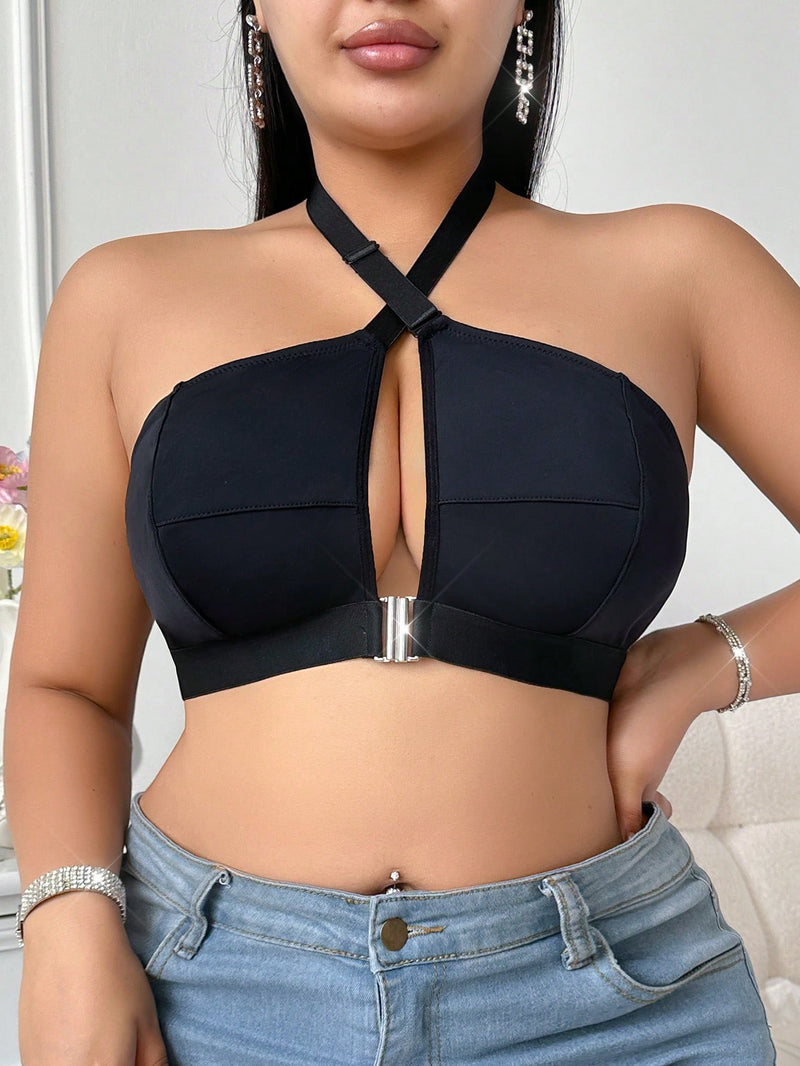 Sujetador sin aros con cuello halter y cierre frontal de talla grande de SHEIN