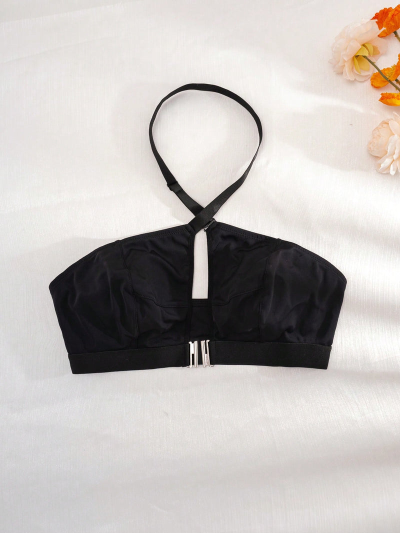 Sujetador sin aros con cuello halter y cierre frontal de talla grande de SHEIN