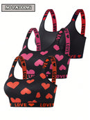 Kit 3 Sutiãs Plus Size – Sem Arame, com Estampa de Corações e Frases Delicadas