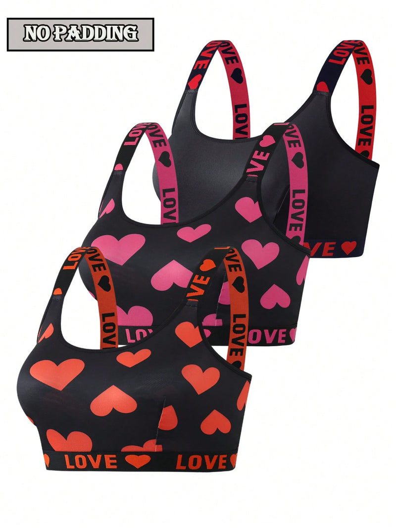 Conjunto de 3 sujetadores sin aros de talla grande para mujer con estampado de corazones y letras