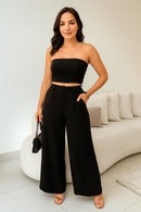 Conjunto Calça Pantalona Cintura Alta e Cropped em Duna