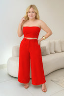 Conjunto Calça Pantalona Cintura Alta e Cropped em Duna