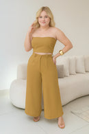 Conjunto Calça Pantalona Cintura Alta e Cropped em Duna