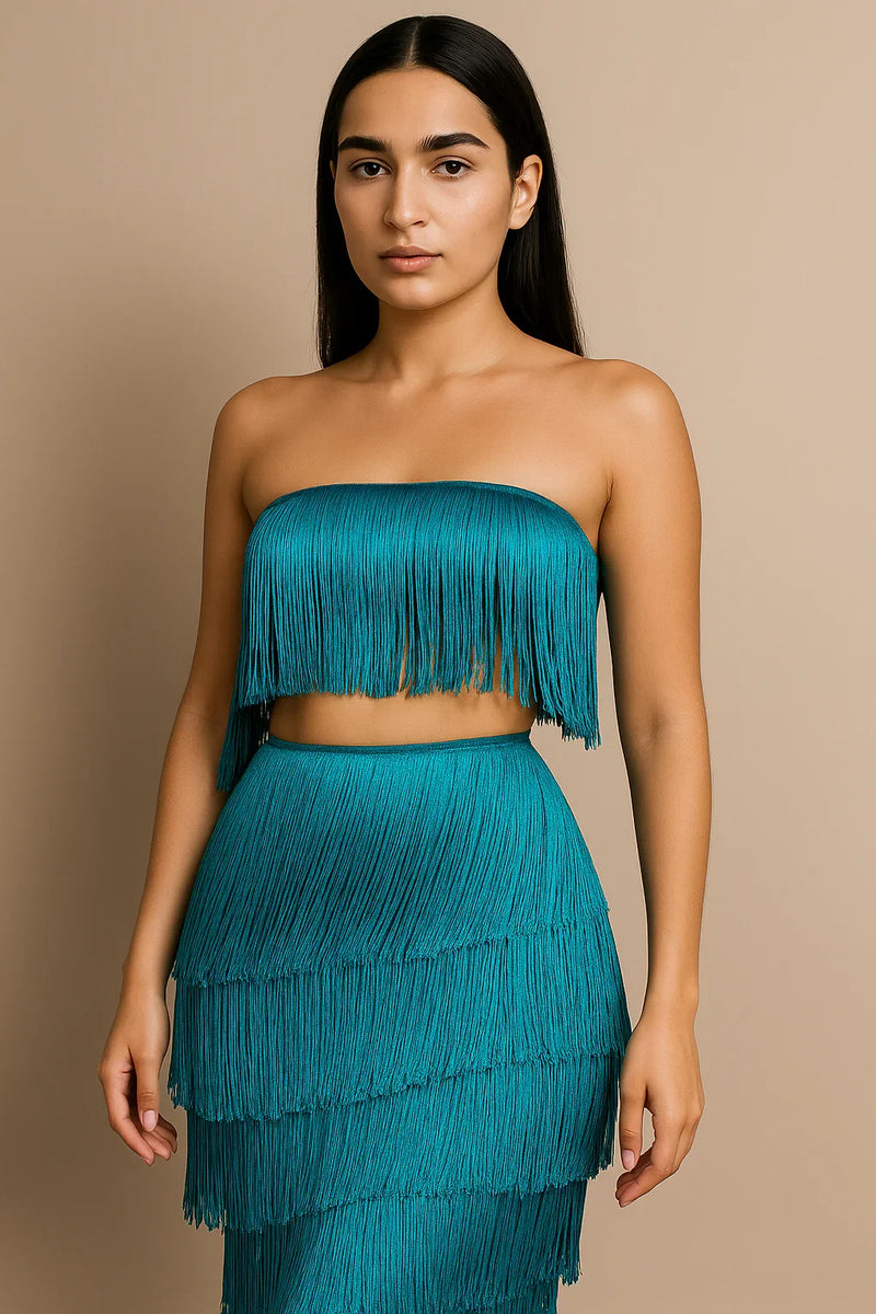 Women's Green Party Set - Cropped Top and Midi Skirt