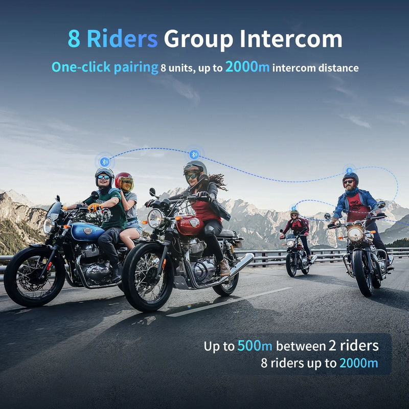 Motorcycle Bluetooth Intercom - Communication for up to 8 Riders and 2000m Range 