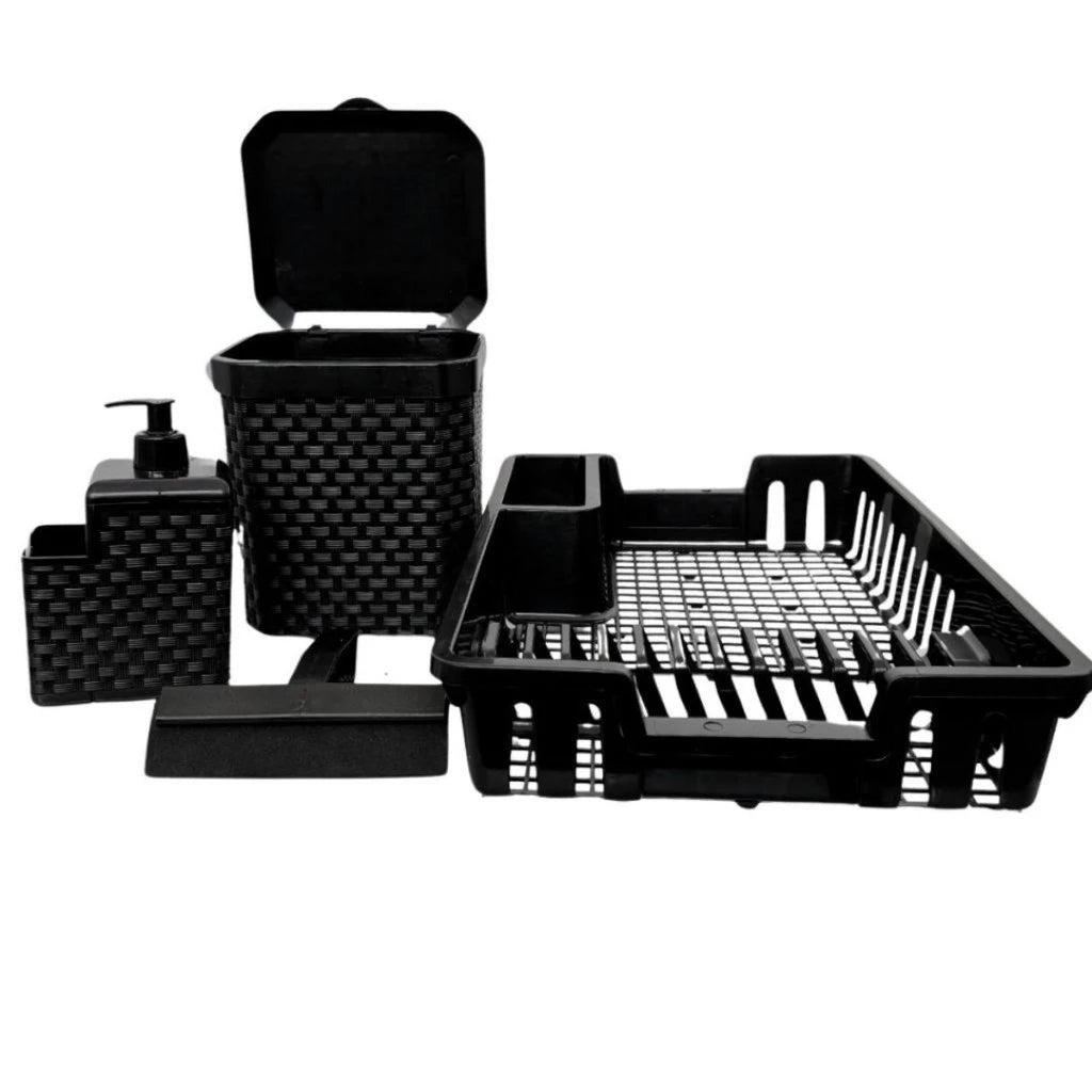Kit de organização para pia de cozinha contendo escorredor de louça, lixeira de 5 litros, porta detergente e rodinho