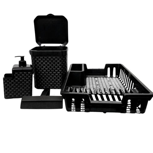 Kit de organização para pia de cozinha contendo escorredor de louça, lixeira de 5 litros, porta detergente e rodinho