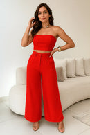 Conjunto Calça Pantalona Cintura Alta e Cropped em Duna